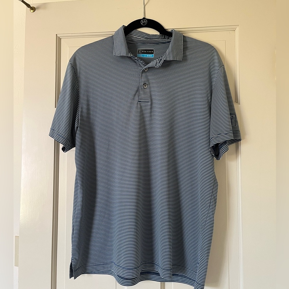 PGA TOUR Men’s Blue White Striped Polo Size Medium Short Sleeve Golf Collar